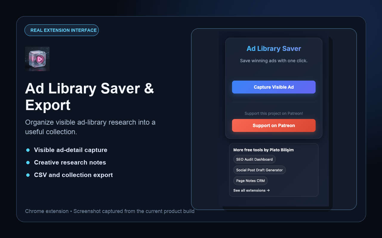 Real Ad Library Saver & Export extension interface