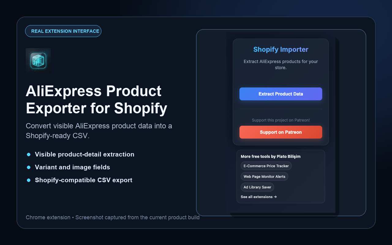 Real AliExpress Product Exporter for Shopify extension interface