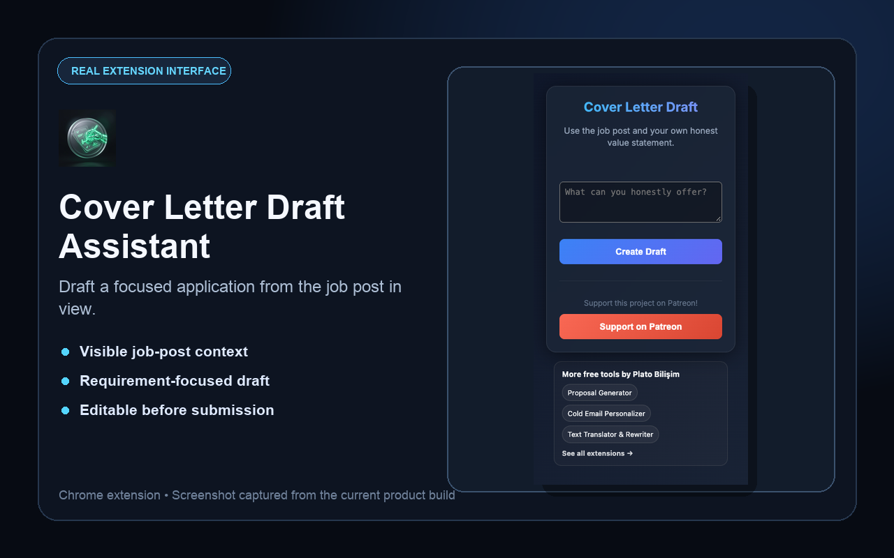 Real Cover Letter Draft Assistant extension interface