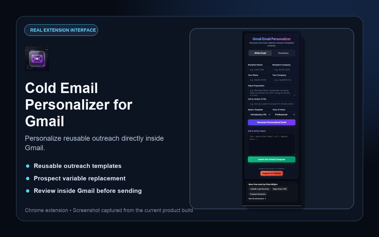 Real Cold Email Personalizer for Gmail extension interface