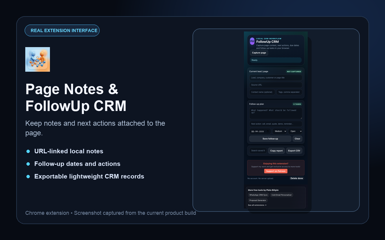 Real Page Notes & FollowUp CRM extension interface
