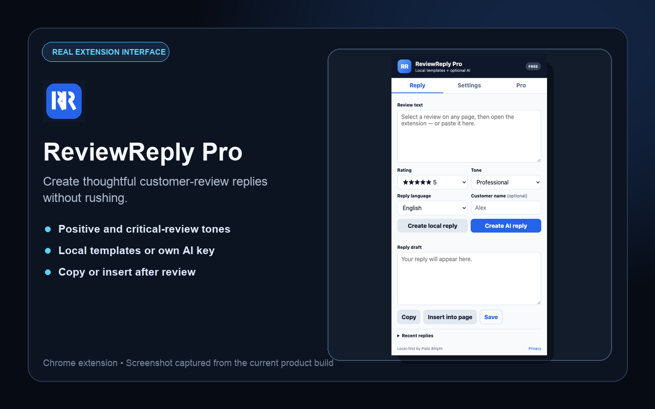 Real ReviewReply Pro extension interface