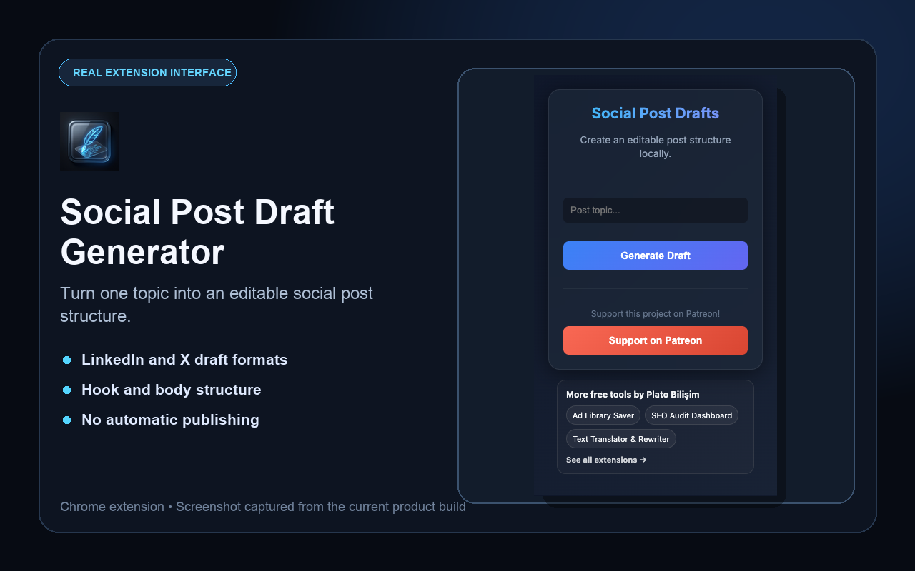Real Social Post Draft Generator extension interface