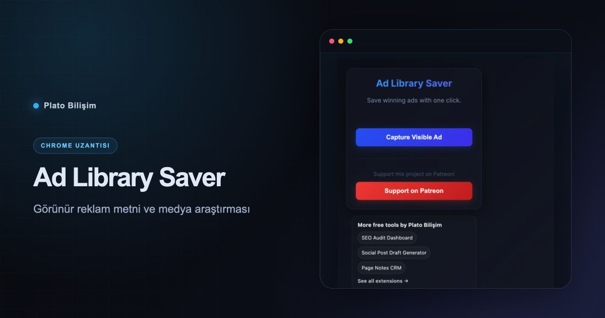 Ad Library Saver gerçek uzantı arayüzü ve ürün özeti