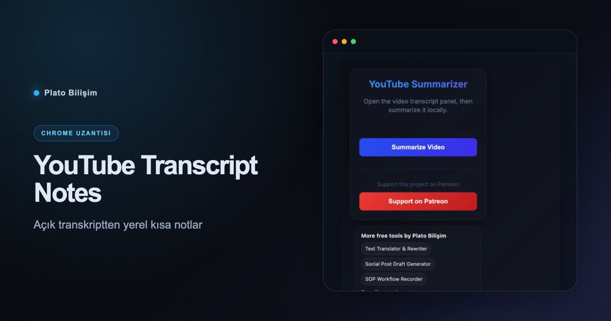 YouTube Transcript Notes gerçek uzantı arayüzü ve ürün özeti